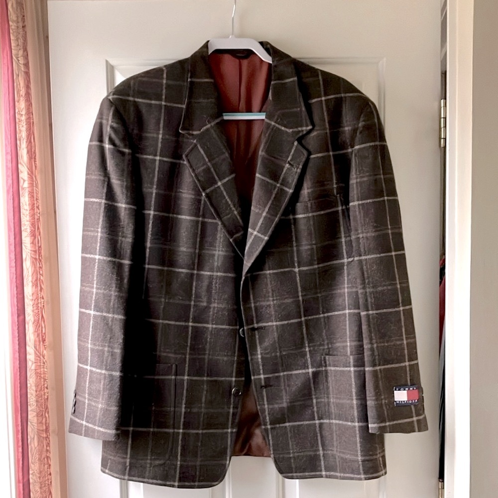 Tommy Hilfiger 1980s Wool Blend Sports Blazer Jacket Brown Plaid Size L NWT